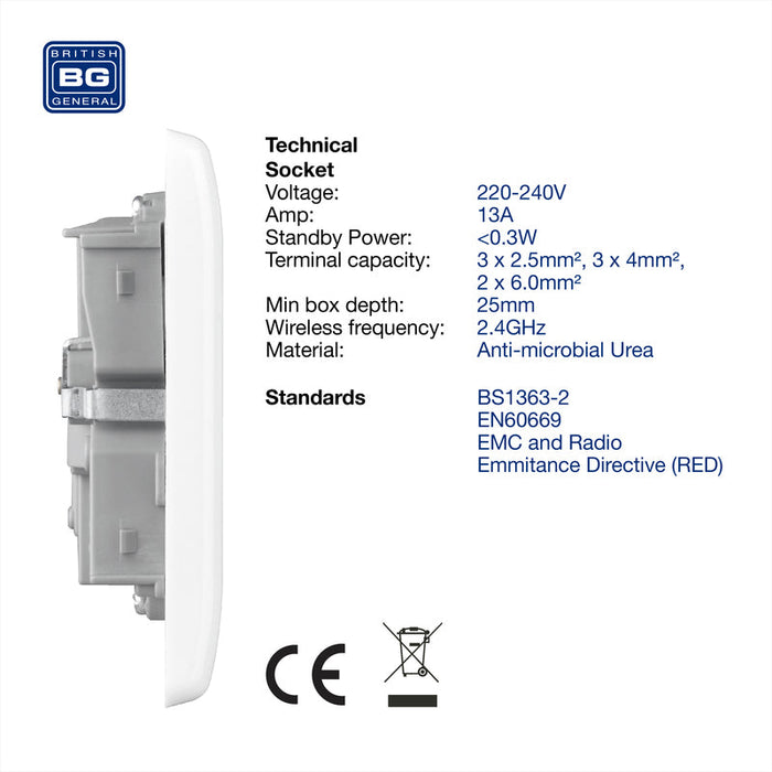 BG 822/HC White Moulded Slim Double Switched 13A Power Socket with Smart Home Control - westbasedirect.com