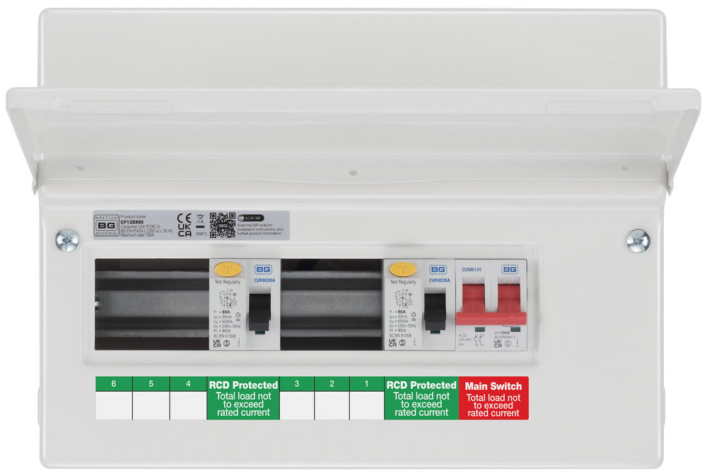 BG Fortress CF12D886 12 Module 6 Way Unpopulated Dual RCD Consumer Unit with 100A Main Switch & 2x 80A Type A 30mA RCD - westbasedirect.com