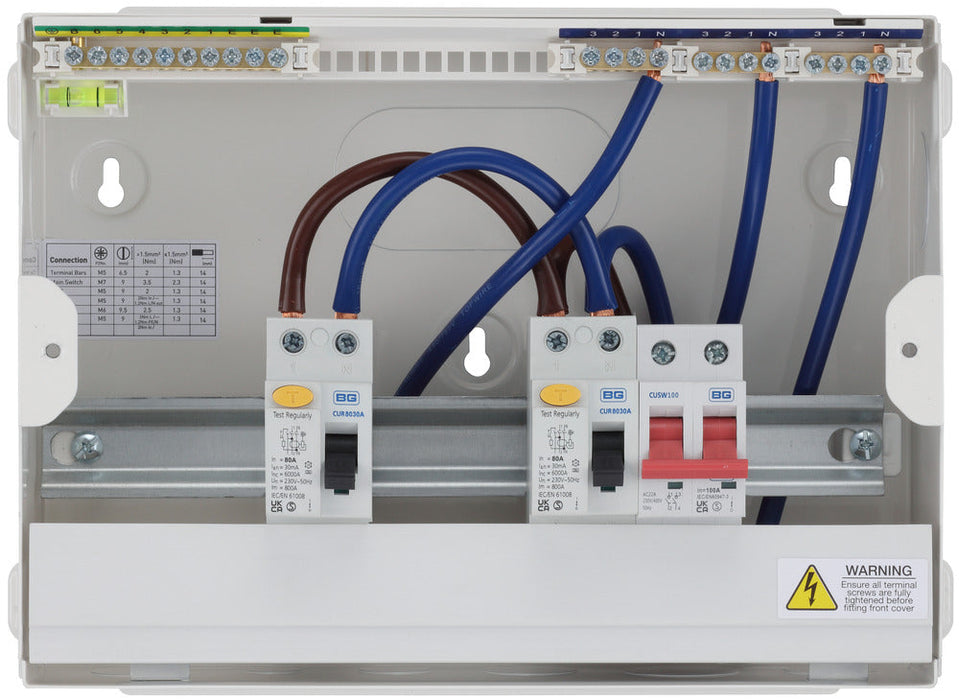 BG Fortress CF12D886 12 Module 6 Way Unpopulated Dual RCD Consumer Unit with 100A Main Switch & 2x 80A Type A 30mA RCD - westbasedirect.com