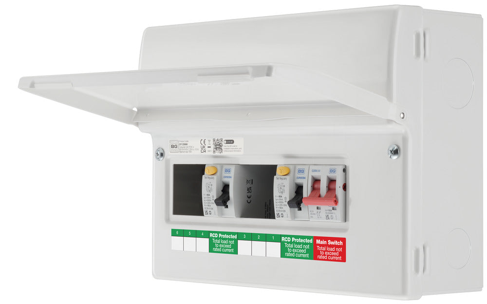 BG Fortress CF12D886 12 Module 6 Way Unpopulated Dual RCD Consumer Unit with 100A Main Switch & 2x 80A Type A 30mA RCD - westbasedirect.com