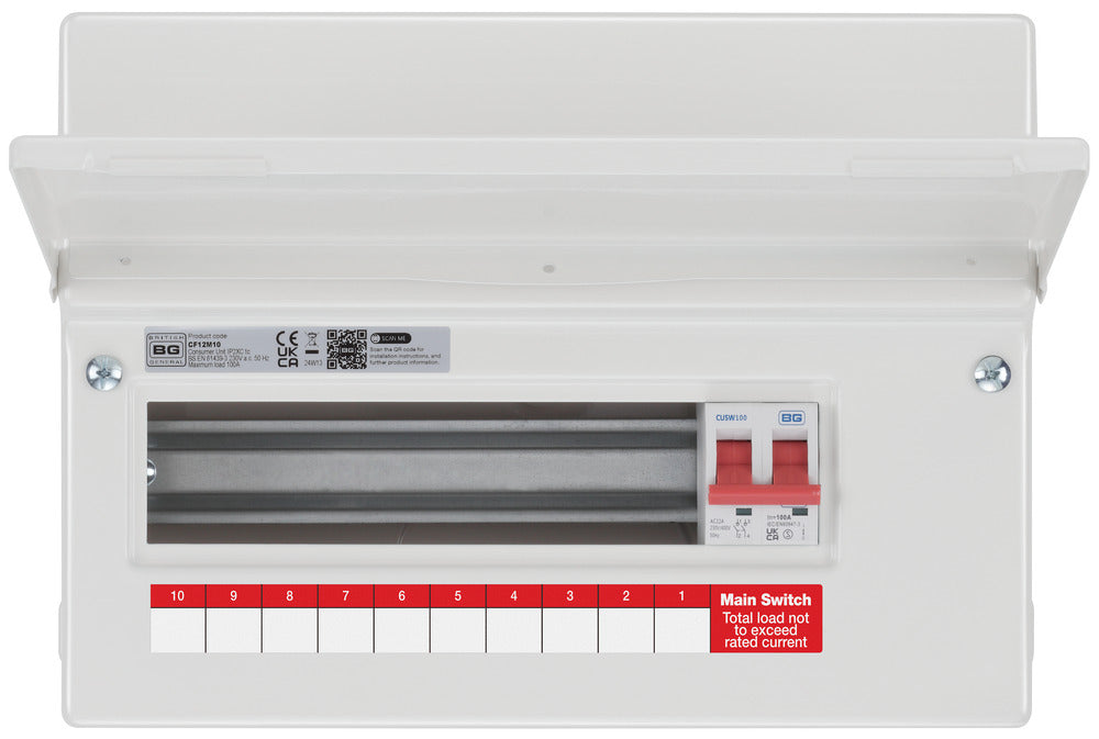 BG Fortress CF12M10 12 Module 10 Way Unpopulated Metal Consumer Unit with 100A Main Switch - westbasedirect.com