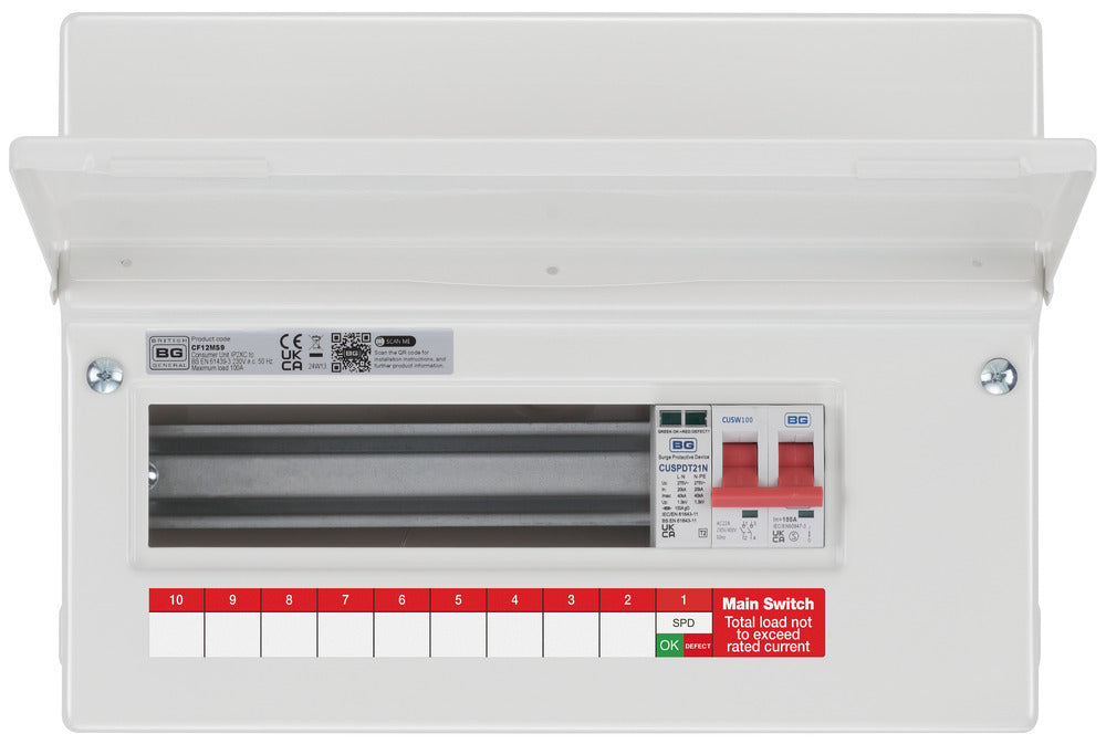BG Fortress CF12MS9 12 Module 9 Way Unpopulated Metal Consumer Unit with 100A Main Switch & 1x SPD - westbasedirect.com