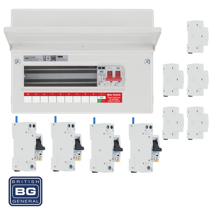 BG Fortress CF12MS9 12 Module 9 Way 100A Main Switch Consumer Unit with T2 SPD + 4 RCBOs & 5x CUA19 FREE Blanks - westbasedirect.com