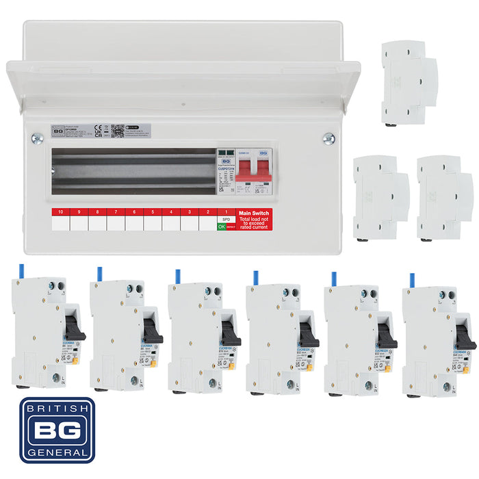 BG Fortress CF12MS9 12 Module 9 Way 100A Main Switch Consumer Unit with T2 SPD + 6 RCBOs & 3x CUA19 FREE Blanks - westbasedirect.com