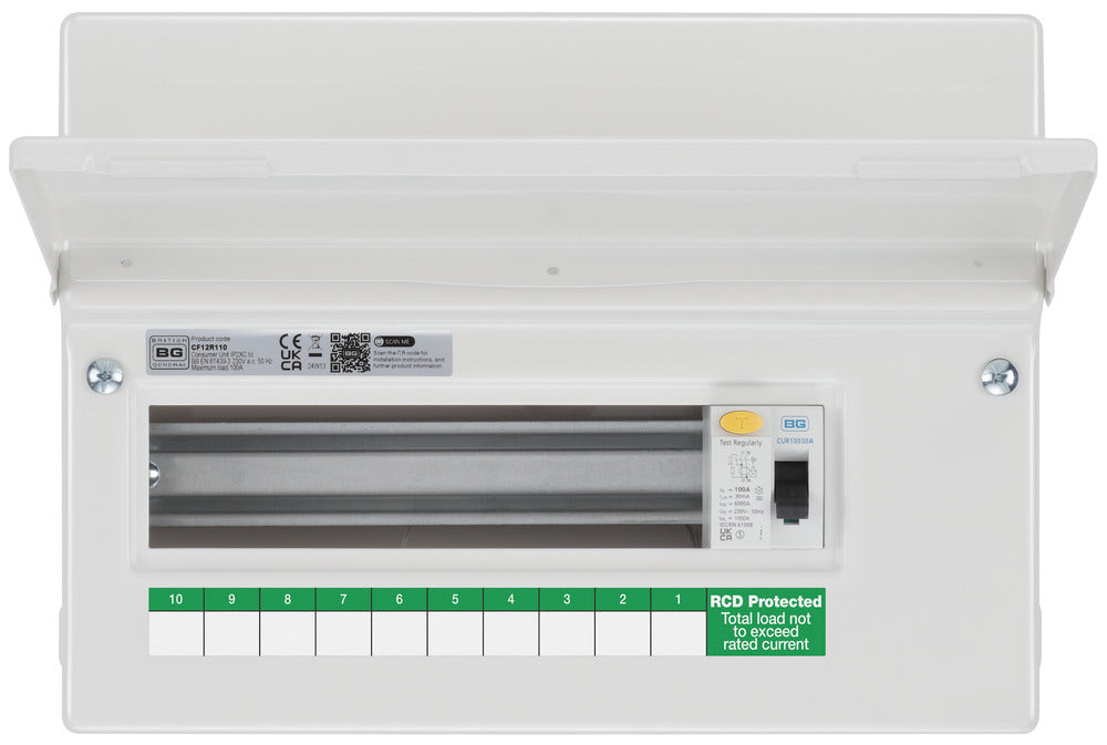 BG Fortress CF12R110 12 Module 10 Way Unpopulated RCD Incomer Consumer Unit with 1x 100A Type A 30mA RCD - westbasedirect.com