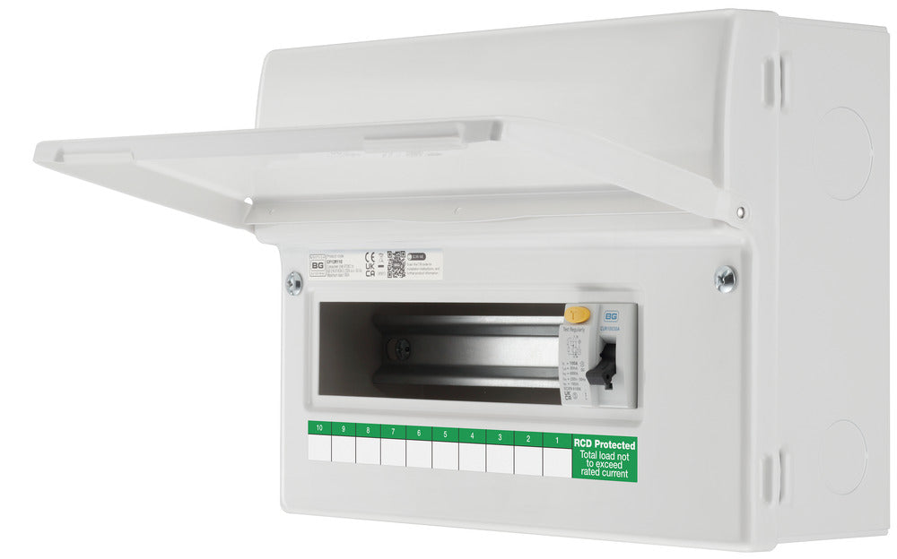 BG Fortress CF12R110 12 Module 10 Way Unpopulated RCD Incomer Consumer Unit with 1x 100A Type A 30mA RCD - westbasedirect.com