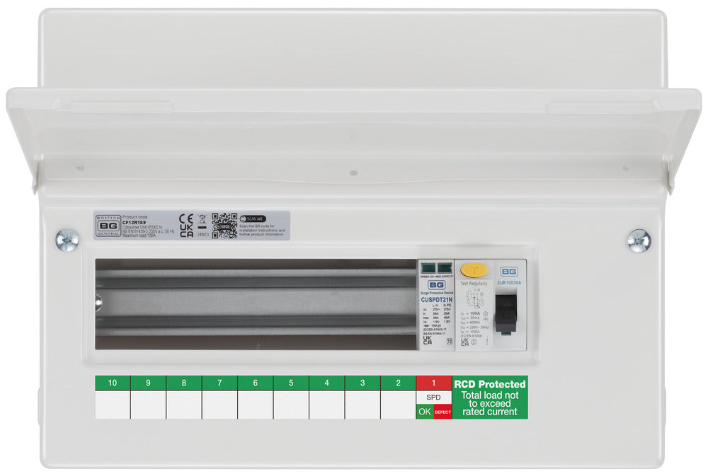 BG Fortress CF12R1S9 12 Module 9 Way Unpopulated RCD Incomer Consumer Unit with 1x 100A Type A 30mA RCD & 1x SPD - westbasedirect.com