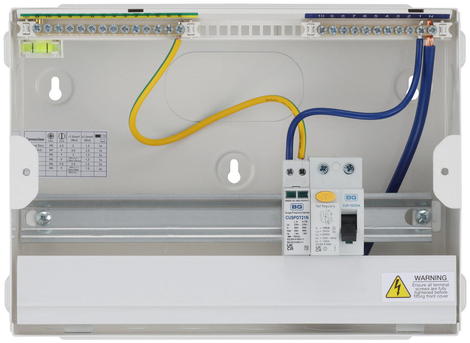 BG Fortress CF12R1S9 12 Module 9 Way Unpopulated RCD Incomer Consumer Unit with 1x 100A Type A 30mA RCD & 1x SPD - westbasedirect.com