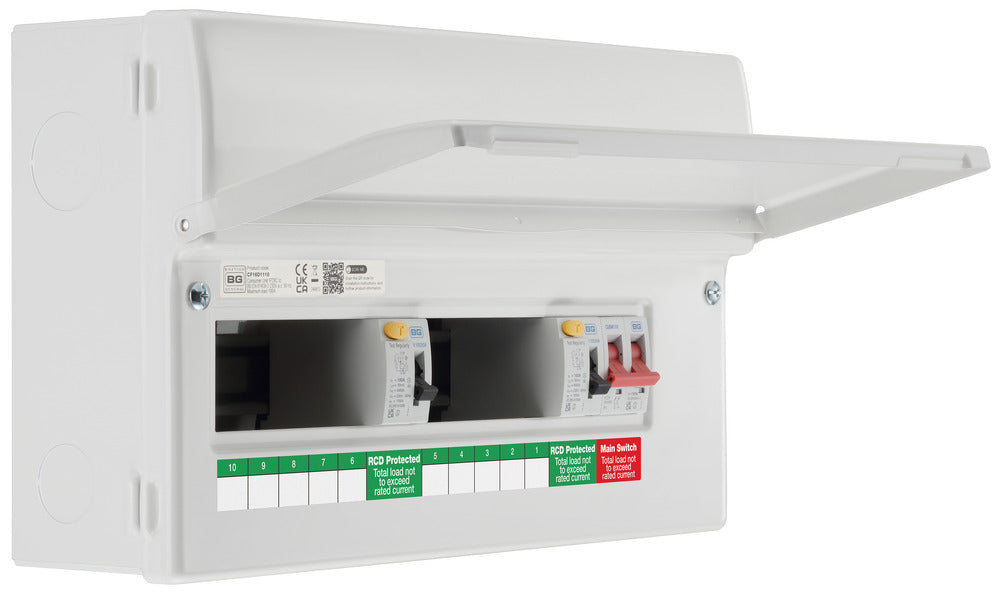 BG Fortress CF16D1110 16 Module 10 Way Unpopulated Dual RCD Consumer Unit with 100A Main Switch & 2x 100A Type A 30mA RCD - westbasedirect.com