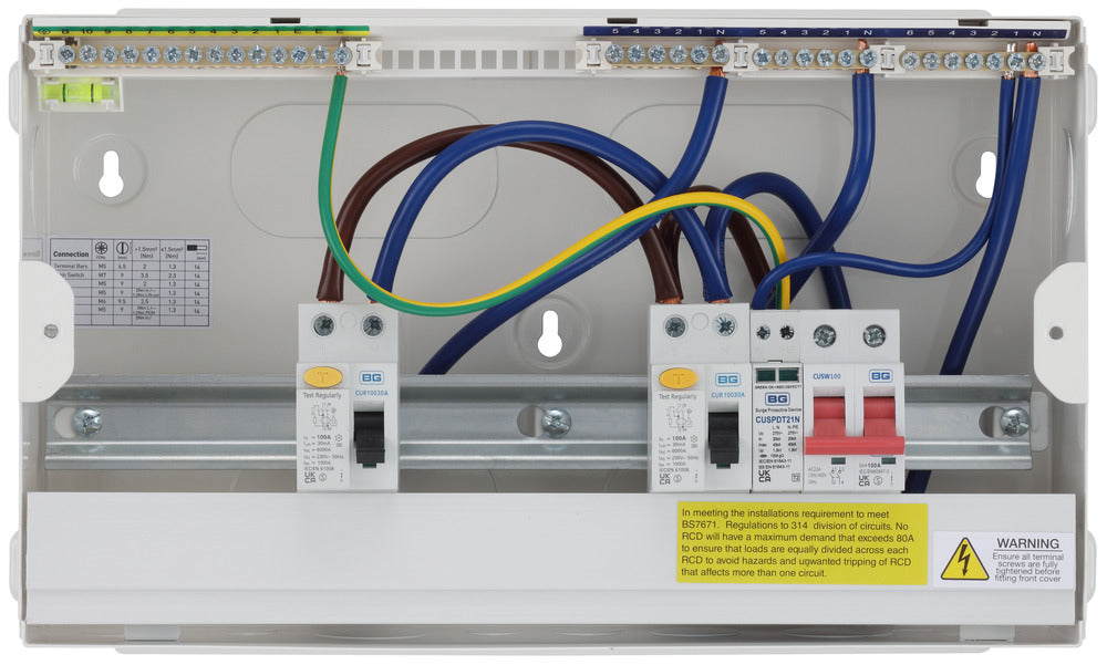 BG Fortress CF16D11S9 16 Module 9 Way Unpopulated Dual RCD Consumer Unit with 100A Main Switch, 2x 100A Type A 30mA RCD & 1x SPD - westbasedirect.com