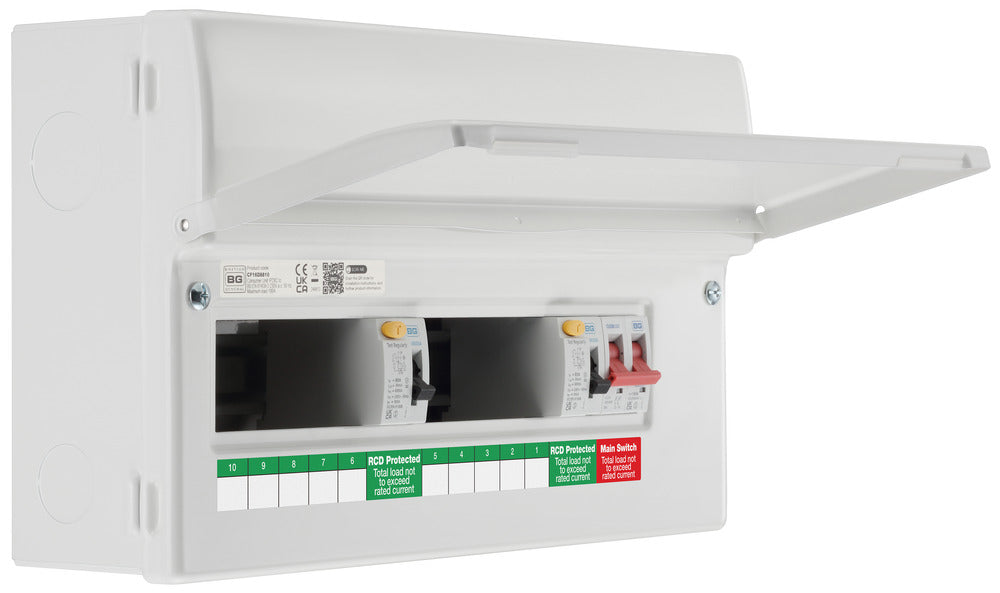 BG Fortress CF16D8810 16 Module 10 Way Unpopulated Dual RCD Consumer Unit with 100A Main Switch & 2x 80A Type A 30mA RCD - westbasedirect.com