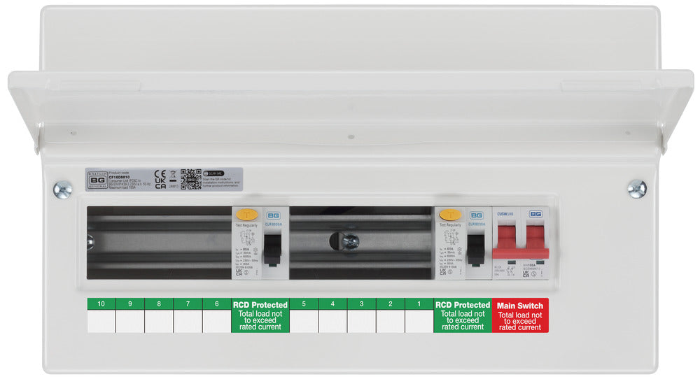 BG Fortress CF16D8810 16 Module 10 Way Unpopulated Dual RCD Consumer Unit with 100A Main Switch & 2x 80A Type A 30mA RCD - westbasedirect.com