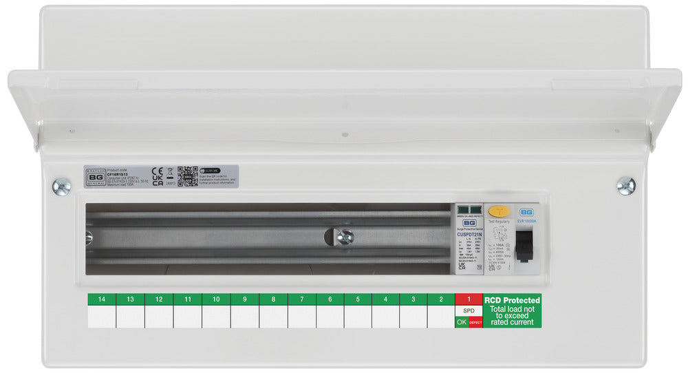 BG Fortress CF16R1S13 16 Module 13 Way Unpopulated RCD Incomer Consumer Unit with 1x 100A Type A 30mA RCD & 1x SPD - westbasedirect.com