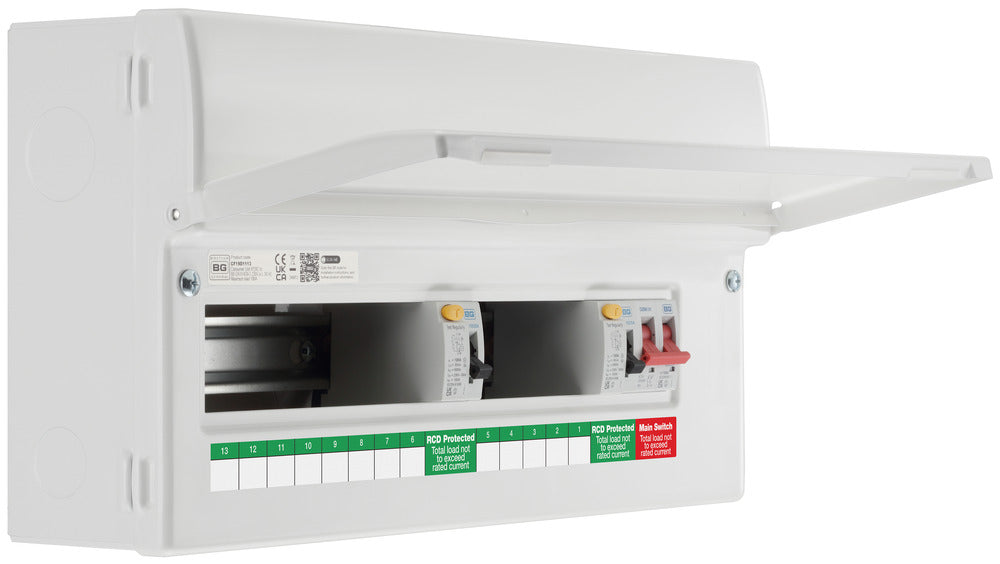 BG Fortress CF19D1113 19 Module 13 Way Unpopulated Dual RCD Consumer Unit with 100A Main Switch & 2x 100A Type A 30mA RCD - westbasedirect.com