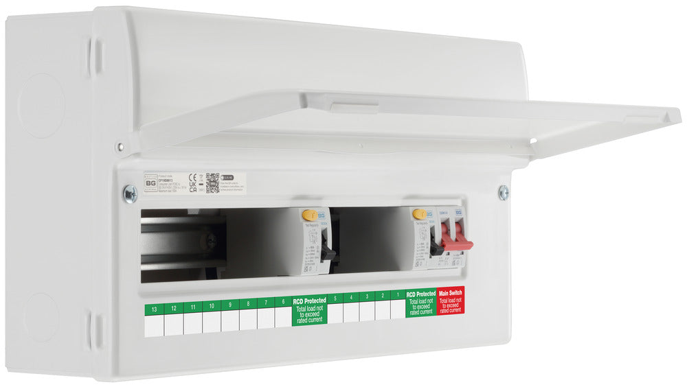 BG Fortress CF19D8813 19 Module 13 Way Unpopulated Dual RCD Consumer Unit with 100A Main Switch & 2x 80A Type A 30mA RCD - westbasedirect.com
