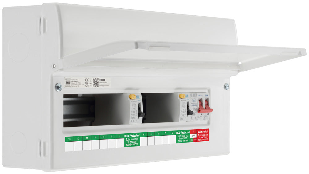 BG Fortress CF19D88S12 19 Module 12 Way Unpopulated Dual RCD Consumer Unit with 100A Main Switch, 2x 80A Type A 30mA RCD & 1x SPD - westbasedirect.com
