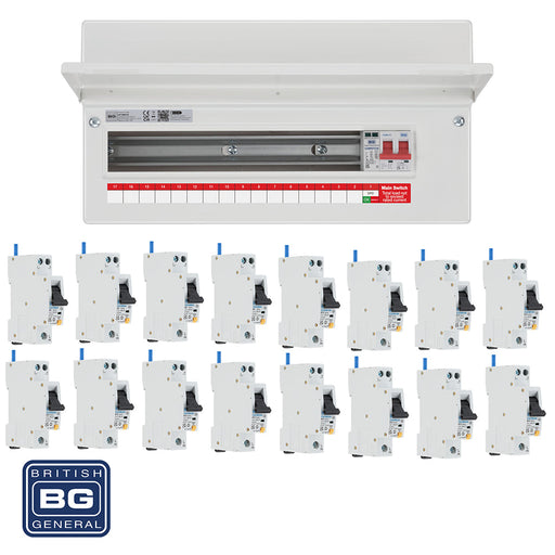 BG Fortress CF19MS16 19 Module 16 Way 100A Main Switch Consumer Unit with T2 SPD + 16 RCBOs - westbasedirect.com