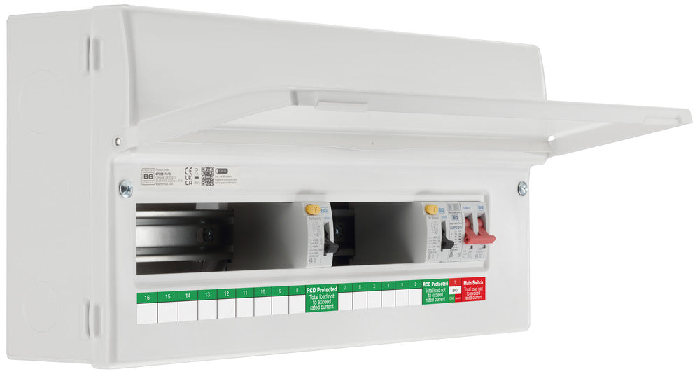 BG Fortress CF22D11S15 22 Module 15 Way Unpopulated Dual RCD Consumer Unit with 100A Main Switch, 2x 100A Type A 30mA RCD & 1x SPD - westbasedirect.com