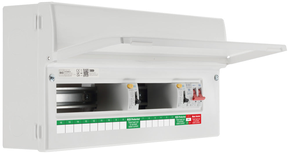 BG Fortress CF22D88S15 22 Module 15 Way Unpopulated Dual RCD Consumer Unit with 100A Main Switch, 2x 80A Type A 30mA RCD & 1x SPD - westbasedirect.com