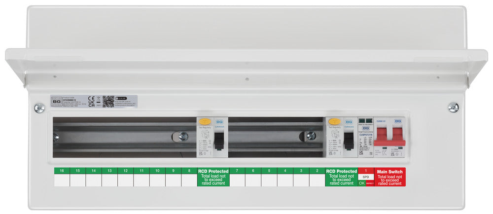BG Fortress CF22D88S15 22 Module 15 Way Unpopulated Dual RCD Consumer Unit with 100A Main Switch, 2x 80A Type A 30mA RCD & 1x SPD - westbasedirect.com