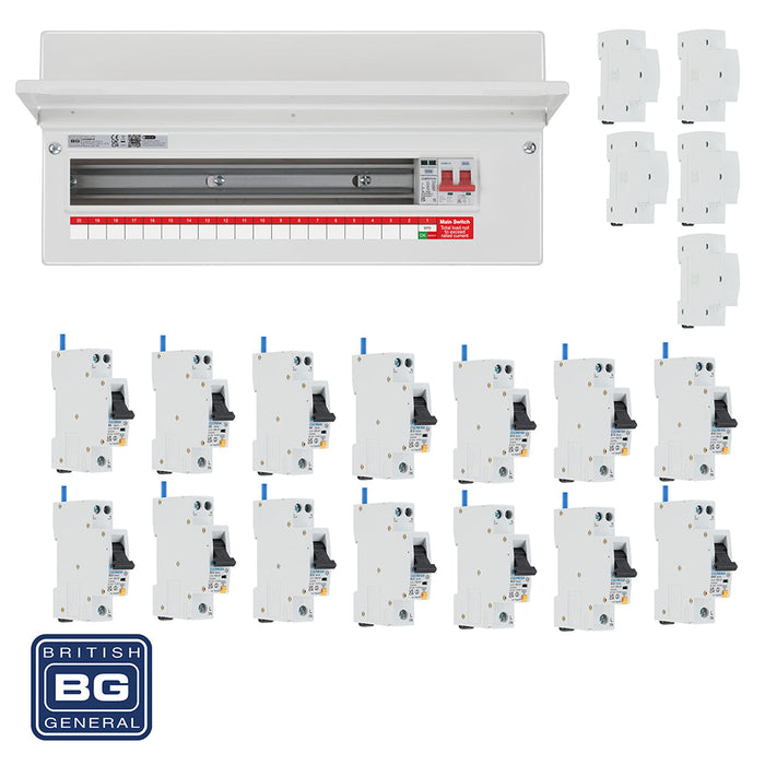 BG Fortress CF22MS19 22 Module 19 Way 100A Main Switch Consumer Unit with T2 SPD + 14 RCBOs & 5x CUA19 FREE Blanks - westbasedirect.com