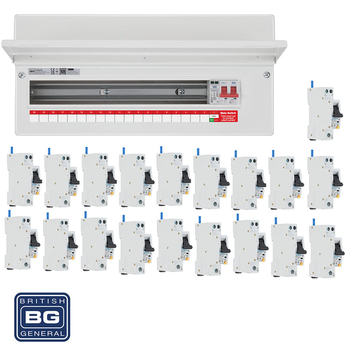 BG Fortress CF22MS19 22 Module 19 Way 100A Main Switch Consumer Unit with T2 SPD + 19 RCBOs - westbasedirect.com