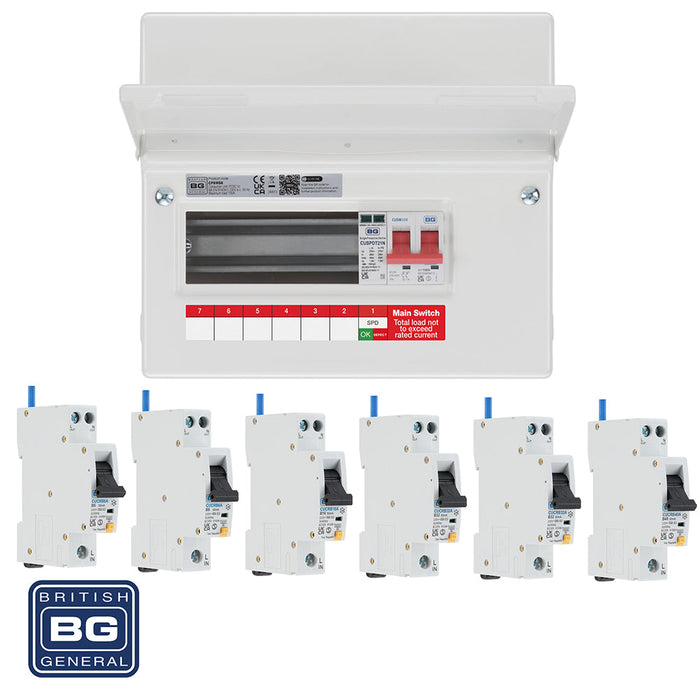 BG Fortress CF9MS6 9 Module 6 Way 100A Main Switch Consumer Unit with T2 SPD + 6 RCBOs - westbasedirect.com