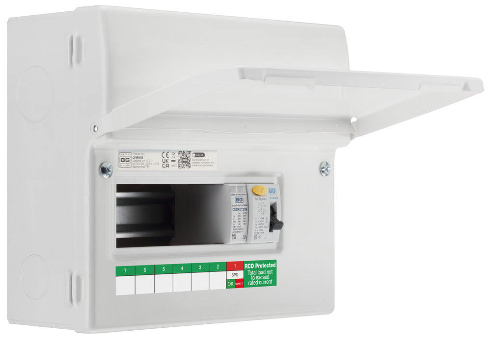 BG Fortress CF9R1S6 9 Module 6 Way Unpopulated RCD Incomer Consumer Unit with 1x 100A Type A 30mA RCD & 1x SPD - westbasedirect.com