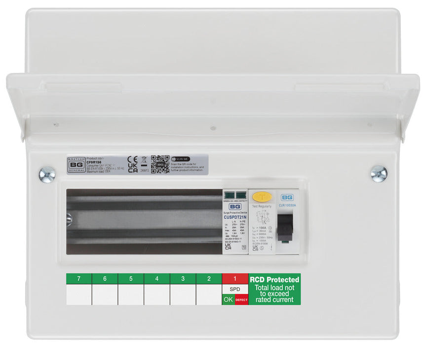 BG Fortress CF9R1S6 9 Module 6 Way Unpopulated RCD Incomer Consumer Unit with 1x 100A Type A 30mA RCD & 1x SPD - westbasedirect.com
