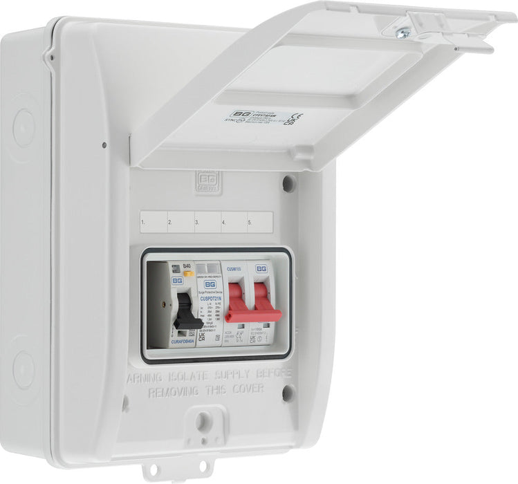 BG CFE7AFAW 5 Module IP65 Weatherproof White Metal EV Charger Circuit Protection with 100A Main Switch, 40A 30mA Type A AFDD & Type 2 SPD - westbasedirect.com