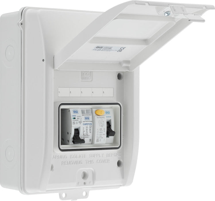 BG CFEV5AW 5 Module IP65 Weatherproof White Metal EV Charger Circuit Protection with 40A 30mA Type A RCD, 40A B Curve MCB & Type 2 SPD - westbasedirect.com