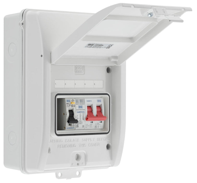 BG CFEV5RDAW 5 Module IP65 Weatherproof White Metal EV Charger Circuit Protection with 40A Type A DP RCBO, 100A Main Switch & Type 2 SPD - westbasedirect.com