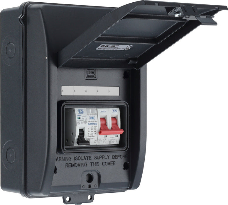 BG CFEV6 5 Module IP65 Weatherproof Grey Metal EV Charger Circuit Protection with 100A Main Switch, 40A B Curve MCB & Type 2 SPD - westbasedirect.com