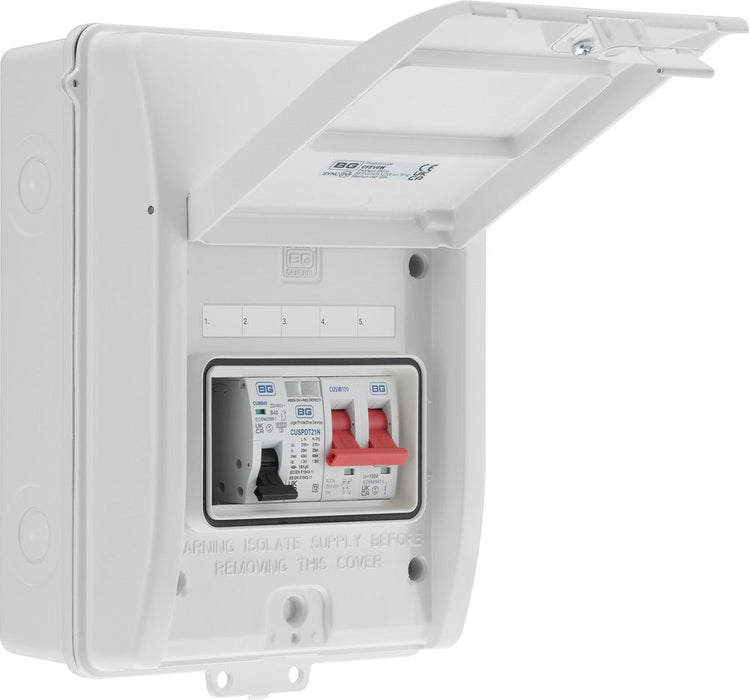 BG CFEV6W 5 Module IP65 Weatherproof White Metal EV Charger Circuit Protection with 100A Main Switch, 40A B Curve MCB & Type 2 SPD - westbasedirect.com