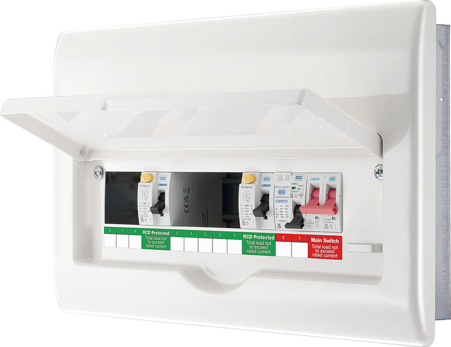 BG Fortress CFFD8808ASPD 8 Way Metal Unpopulated Fully Recessed Consumer Unit with 100A Main Switch, 2x 80A 30mA Type A RCD & 1x SPD - westbasedirect.com
