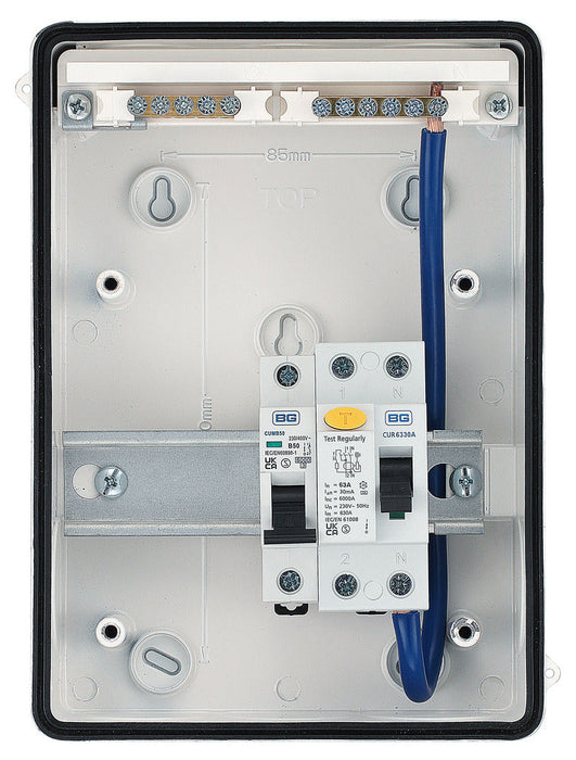 BG CFSHOW1A Metal Shower Kit - IP65 Metal Enclosure, 63A Type A 30mA RCD, 50A MCB - westbasedirect.com