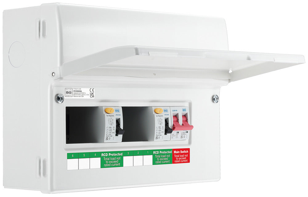 BG CFUD6606A BG 12 Module 6 Way Unpopulated + 100A Switch, 2x63A Type A 30mA RCD - westbasedirect.com