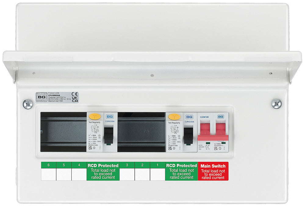 BG CFUD6606A BG 12 Module 6 Way Unpopulated + 100A Switch, 2x63A Type A 30mA RCD - westbasedirect.com