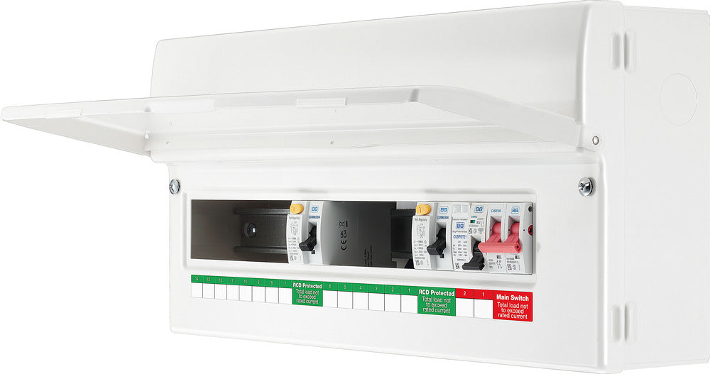 BG Fortress CFUD8814ASPD 14 Way Metal Unpopulated Consumer Unit with 100A Main Switch, 2x 80A 30mA Type A RCD & 1x SPD - westbasedirect.com