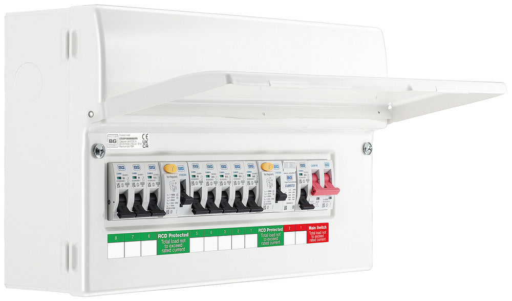 BG CFUDP1000008ASPD 16 Module 8 Way Populated + 100A Switch, 2x100A Type A 30mA RCD, SPD, 32A MCB & 8xMCBs - westbasedirect.com