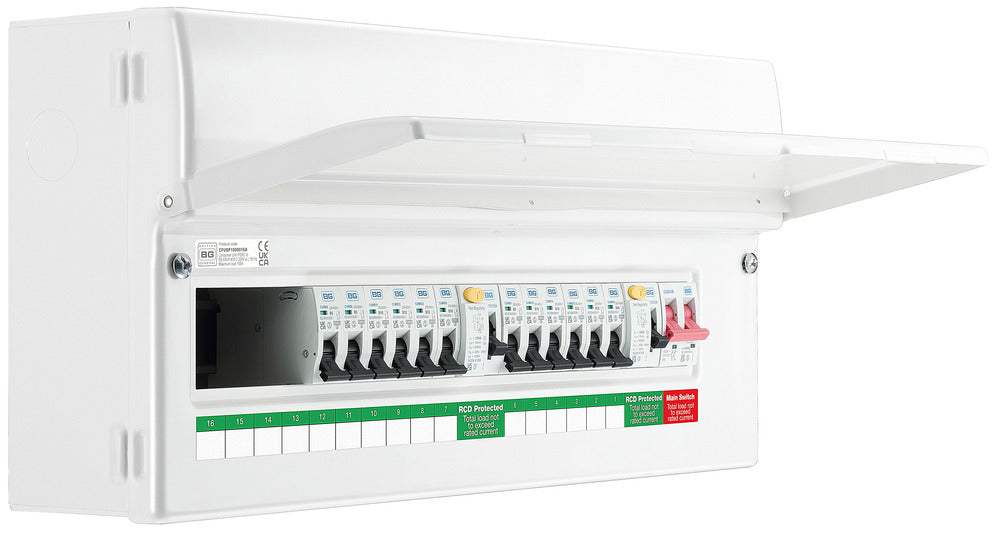 BG CFUDP1000016A BG 22 Module 16 Way Populated + 100A Switch, 2x100A Type A 30mA RCD & 12xMCBs - westbasedirect.com