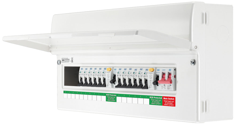 BG CFUDP1000016A BG 22 Module 16 Way Populated + 100A Switch, 2x100A Type A 30mA RCD & 12xMCBs - westbasedirect.com
