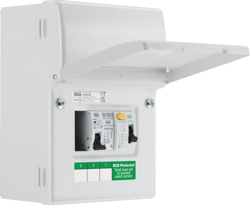 BG CFUEV5A 5 Module IP20 Metal Metal EV Charger Circuit Protection with 40A 30mA Type A RCD, 40A B Curve MCB & Type 2 SPD - westbasedirect.com