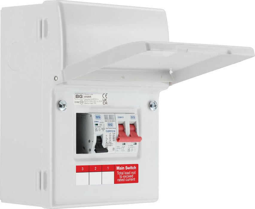 BG CFUEV6 5 Module IP20 Metal Metal EV Charger Circuit Protection with 100A Main Switch, 40A B Curve MCB & Type 2 SPD - westbasedirect.com