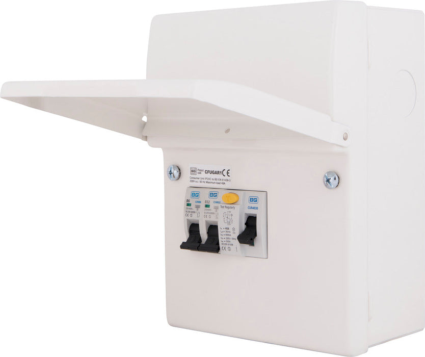 BG CFUGAR1 Garage Kit - IP20 Metal Enclosure, 40A, 30mA RCD, 6+32A MCB - westbasedirect.com
