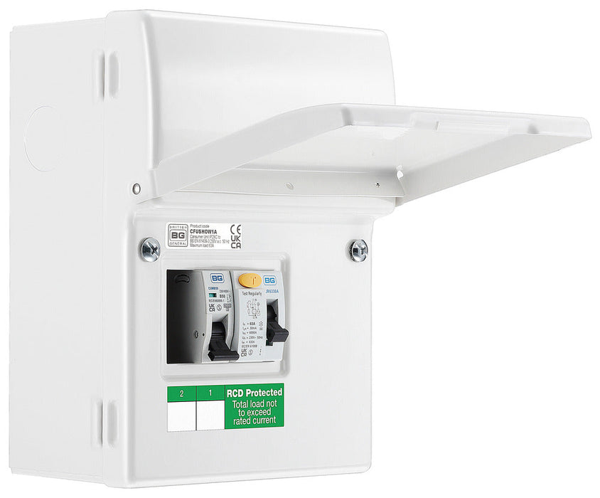 BG CFUSHOW1A Metal Shower Kit - IP20 Metal Enclosure, 63A Type A 30mA RCD, 50A MCB - westbasedirect.com