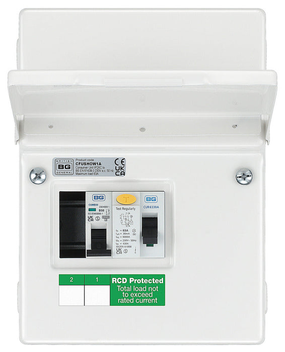 BG CFUSHOW1A Metal Shower Kit - IP20 Metal Enclosure, 63A Type A 30mA RCD, 50A MCB - westbasedirect.com