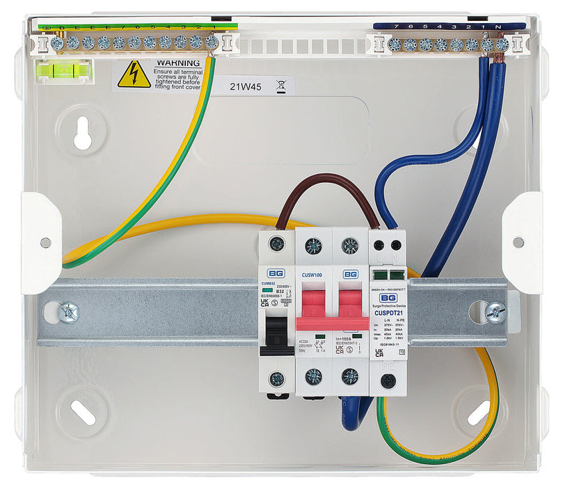 BG CFUSW05SPD 9 Module 5 Way Unpopulated + 100A Main Switch, SPD & 32A MCB - westbasedirect.com