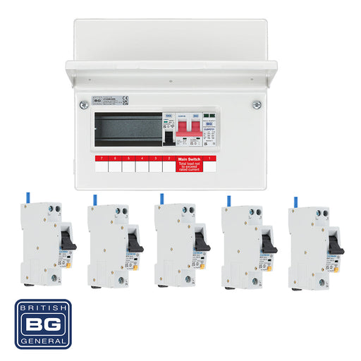 BG Fortress CFUSW05SPD 9 Module 5 Way 100A Main Switch Consumer Unit with T2 SPD + 5 RCBOs - westbasedirect.com