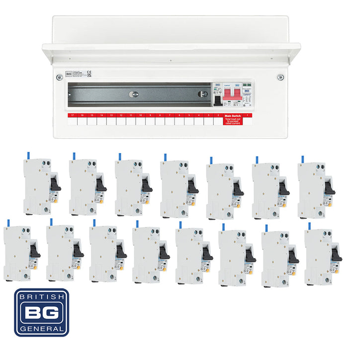 BG Fortress CFUSW15SPD 19 Module 15 Way 100A Main Switch Consumer Unit with T2 SPD + 15 RCBOs - westbasedirect.com